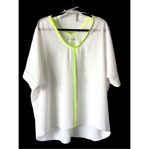 T Tahari Women's Micah Short Sleeve Neon Trim‎ High Low Hem Top White Size Large